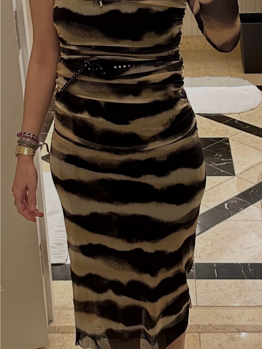 Zara Black and Tan Striped Pencil Skirt one shoulder